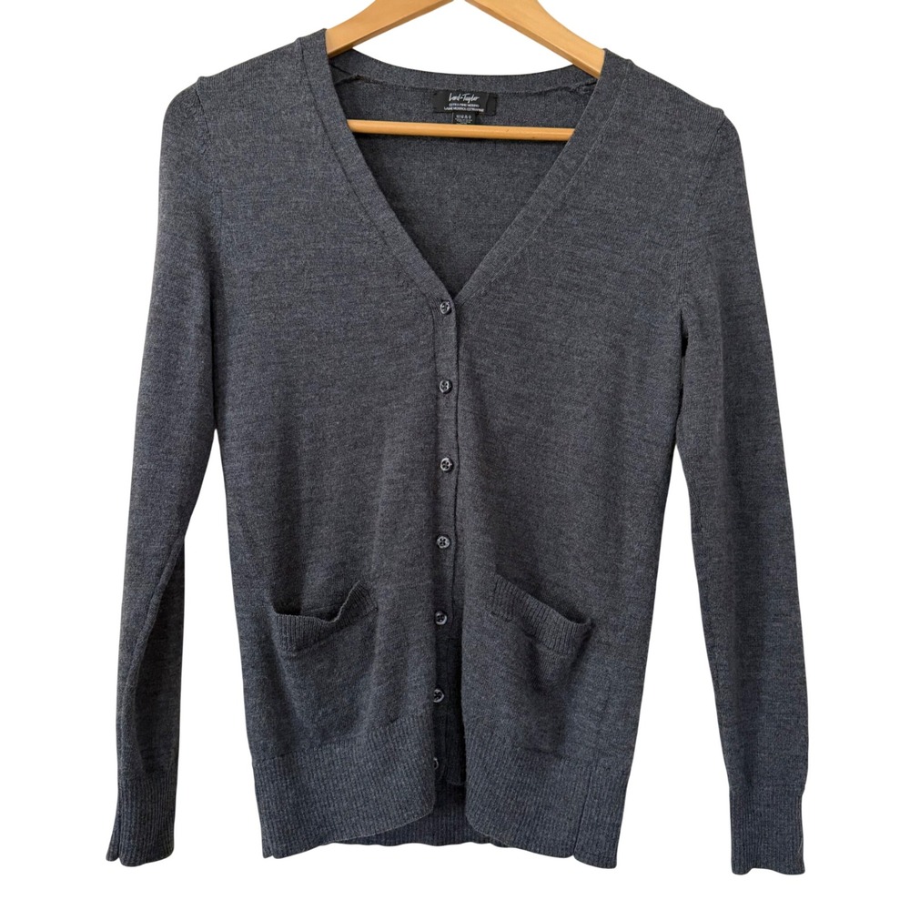 Lord & Taylor Charcoal Gray Extra Fine Merino Wool V-Neck Cardigan XS
